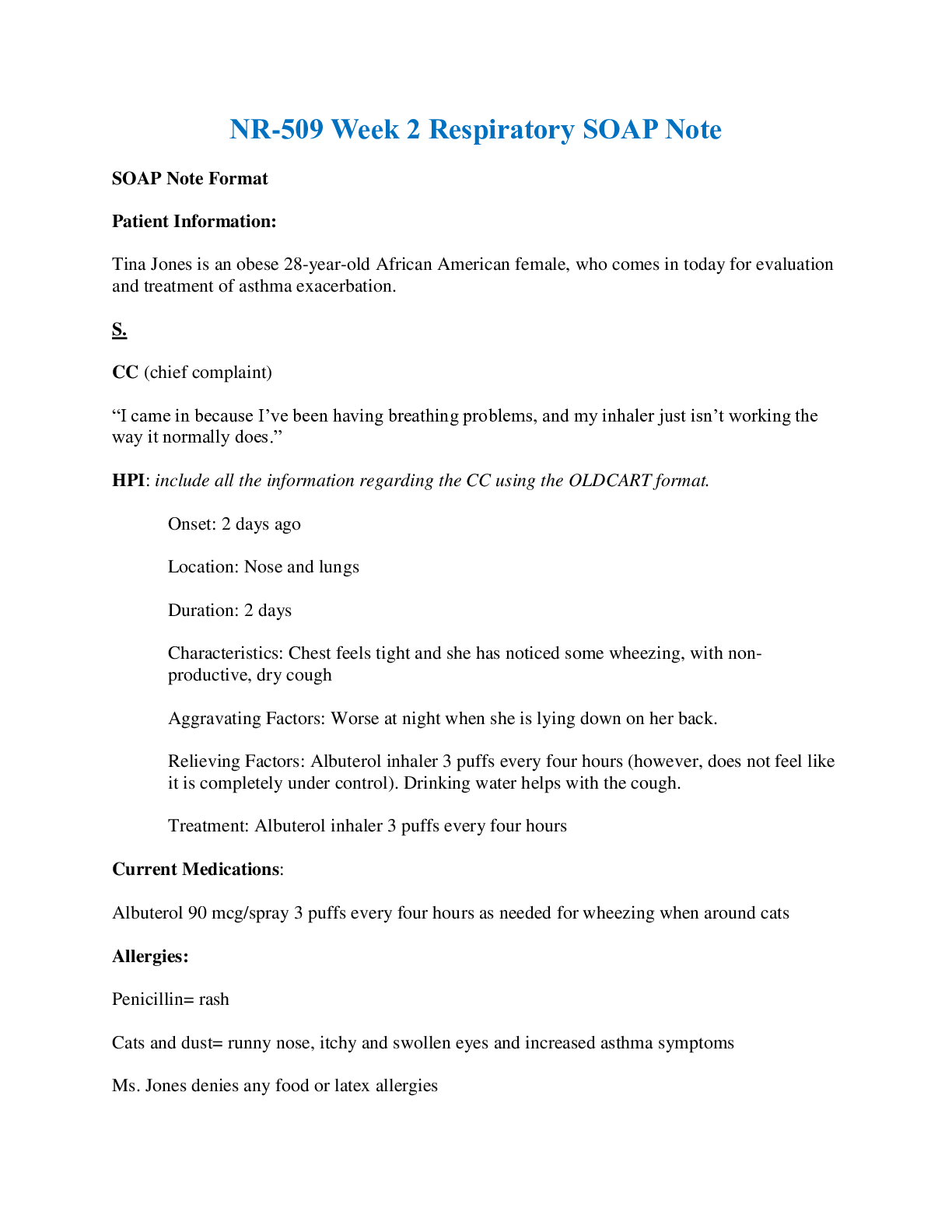 Preview image of NR-509 Week 2 Respiratory SOAP Note document
